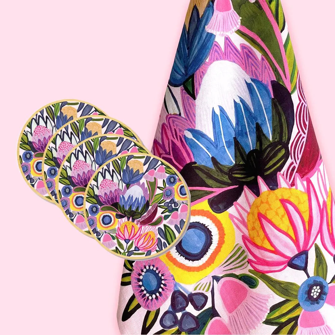 Protea Magnifica Tea Towel & Coaster Set by Australian artist and designer Kirsten Katz