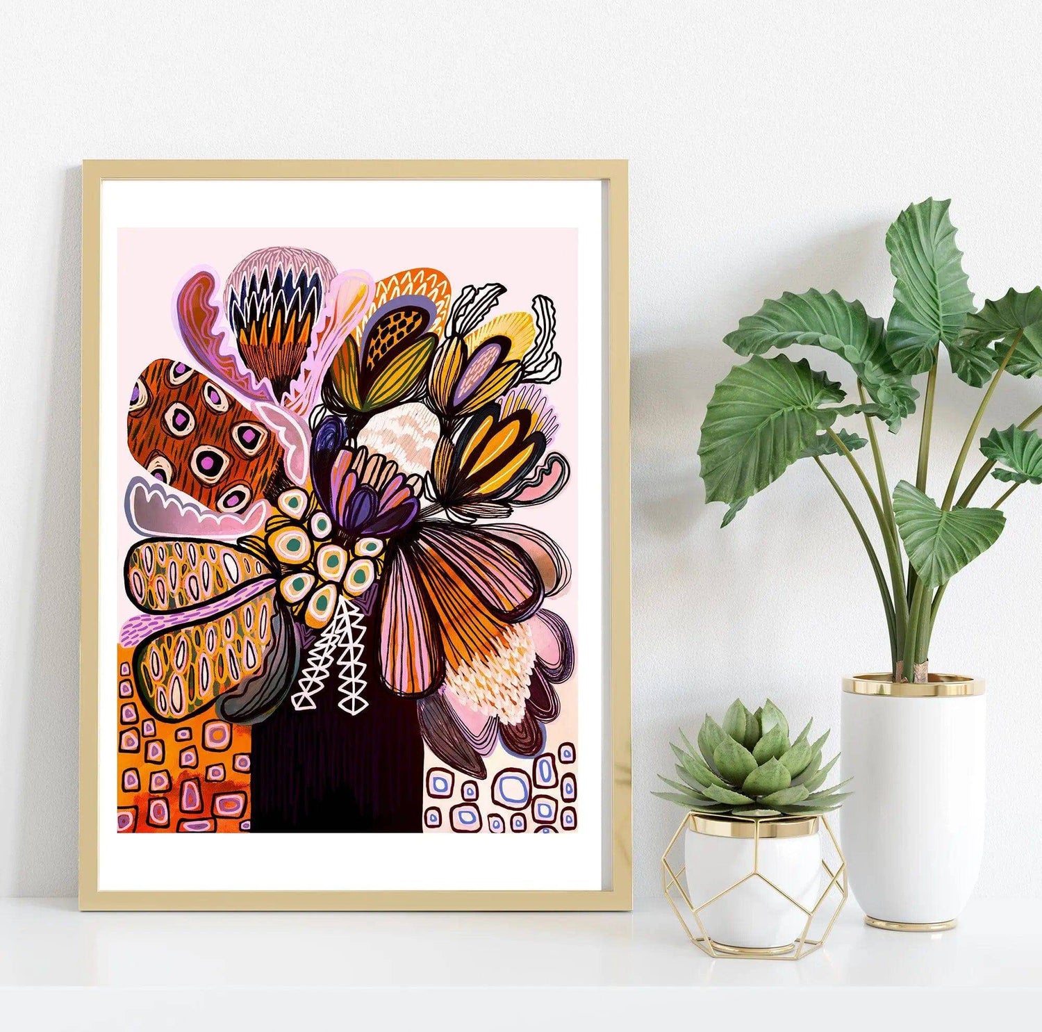 Pink Proteas Abstract wall art print by Kirsten Katz — proteas loosened into pattern on a soft pink ground