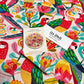 Home Decor Gift Set: Designer Tea Towel Rosella Paradise & Wooden Fridge Magnet Kirsten Katz