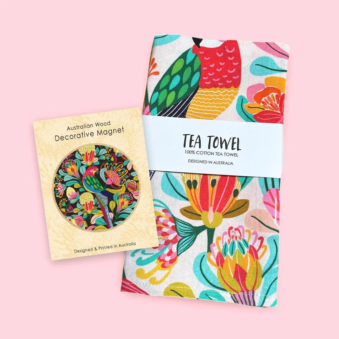 Home Decor Gift Set: Designer Tea Towel Rosella Paradise & Wooden Fridge Magnet Kirsten Katz