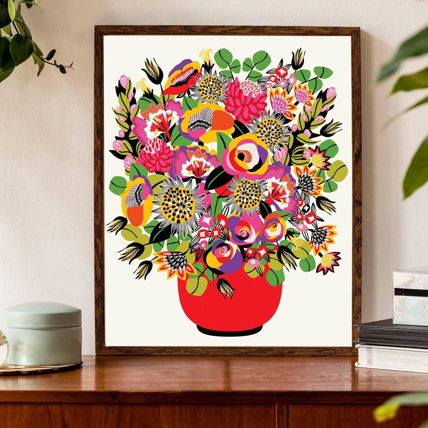 Roses and Lilies in Vase Modern wall art print by Kirsten Katz — roses, lilies and daisies in a red vase on cream