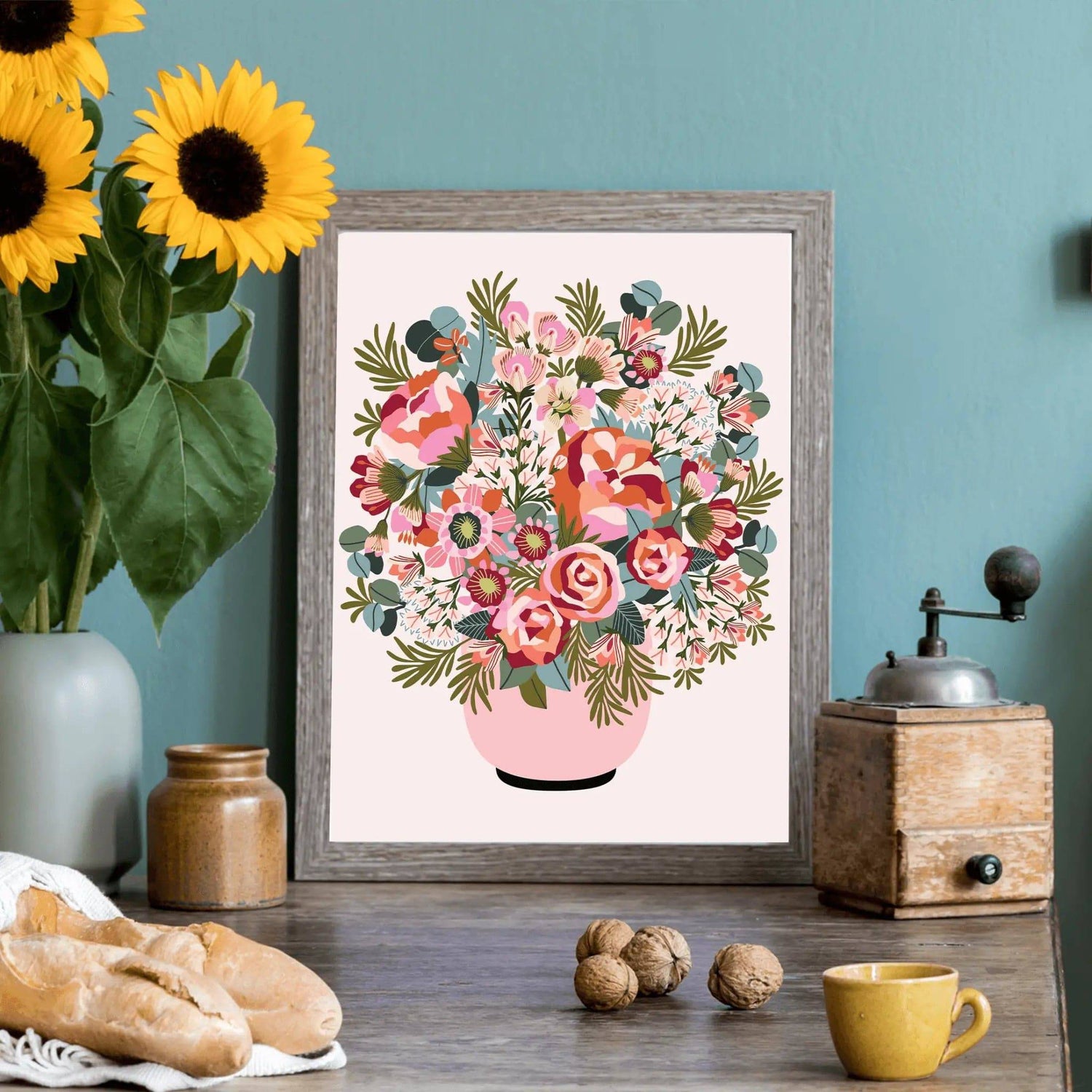 Roses and Peonies Flower Vase wall art print by Kirsten Katz — soft roses and peonies in blush, peach and coral