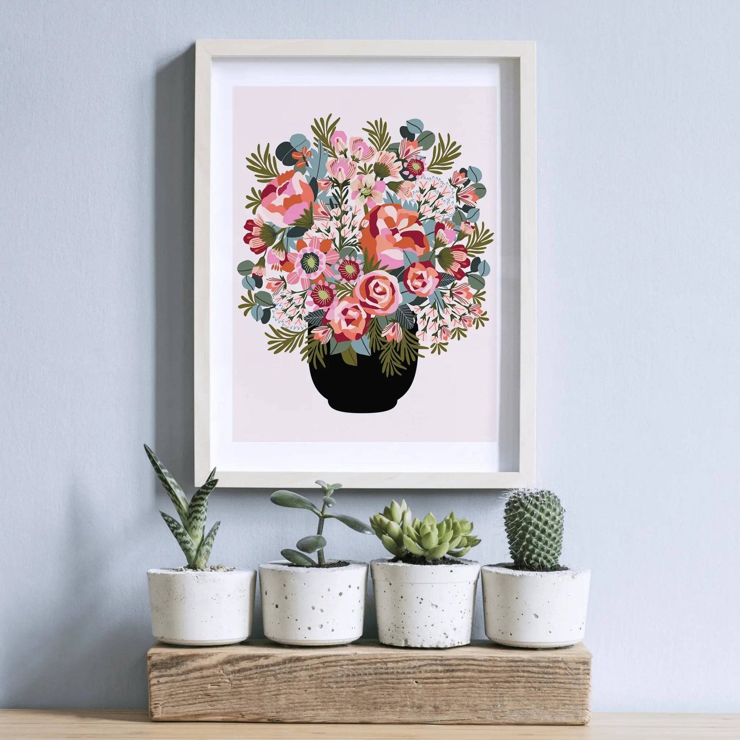 Roses and Peonies Flowers art print by Kirsten Katz — soft blush roses and peonies in a black vase on pale blue