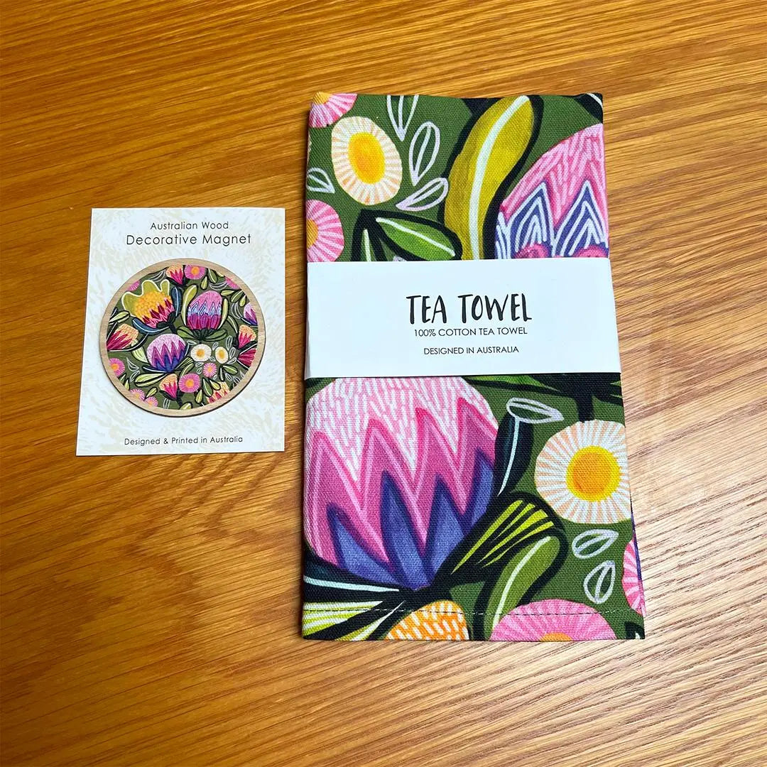 Home Decor Gift Set: Sugarbush Tea Towel & Wooden Fridge Magnet Kirsten Katz