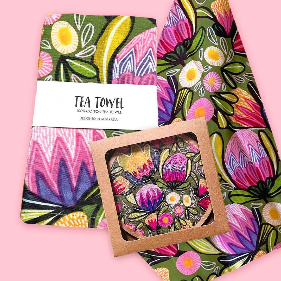 Sugarbush Tea Towel & Coaster Set by Australian artist and designer Kirsten Katz
