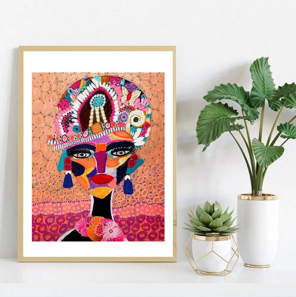 The Empress wall art print by Kirsten Katz — mixed-media portrait of a woman in a jewelled headdress, in warm oranges, pinks and blues