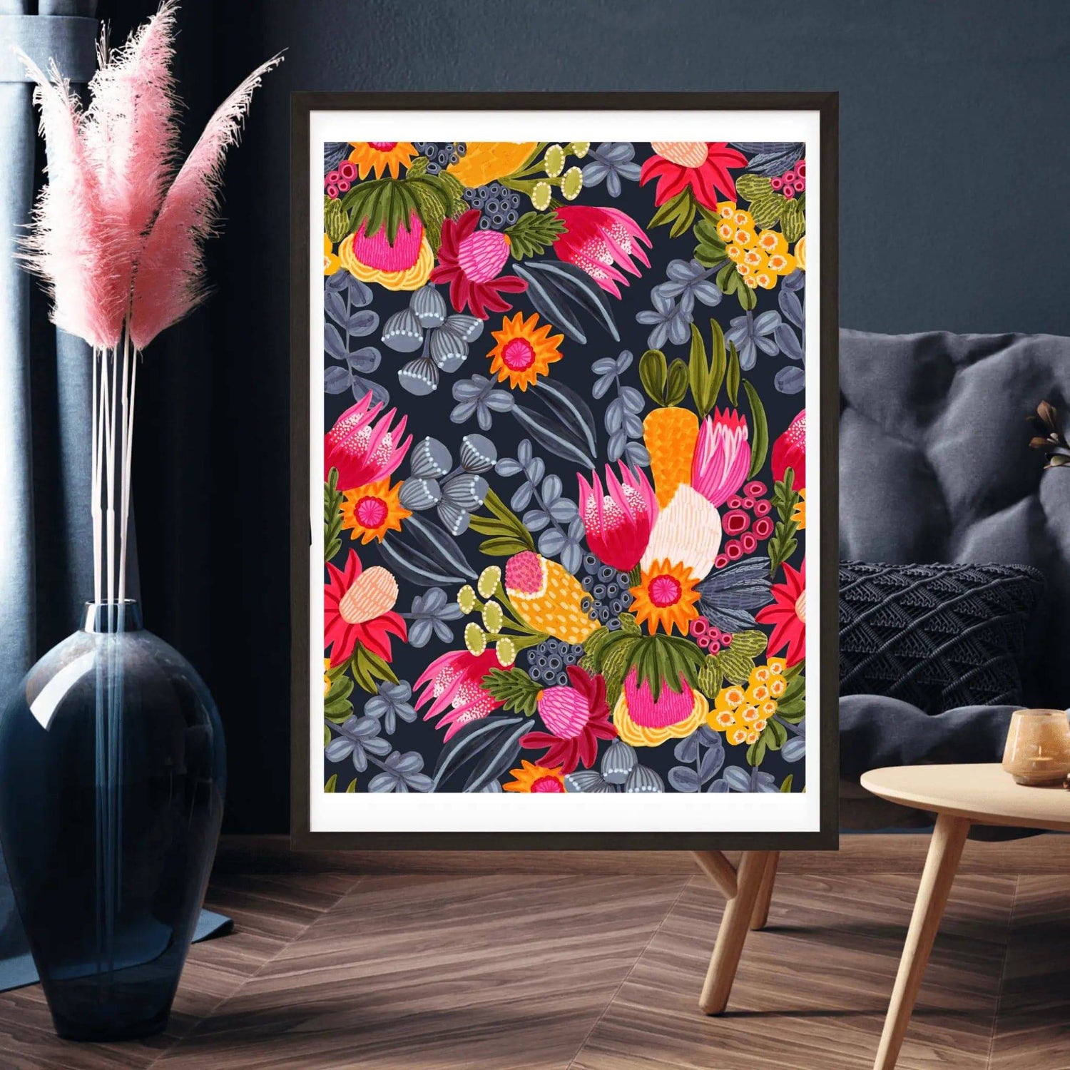 White Protea & Bush Flowers art print by Kirsten Katz — white protea glowing on deep navy