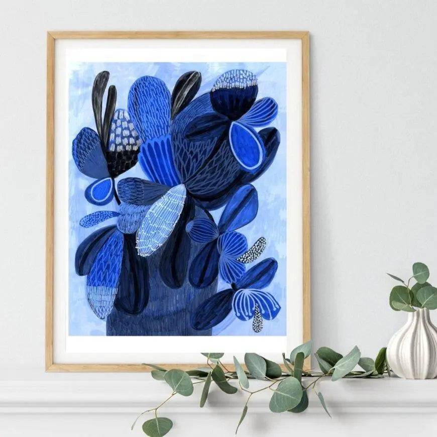 Wild Blue Bunch abstract art print by Kirsten Katz — native blooms in cool blues, cobalt and charcoal