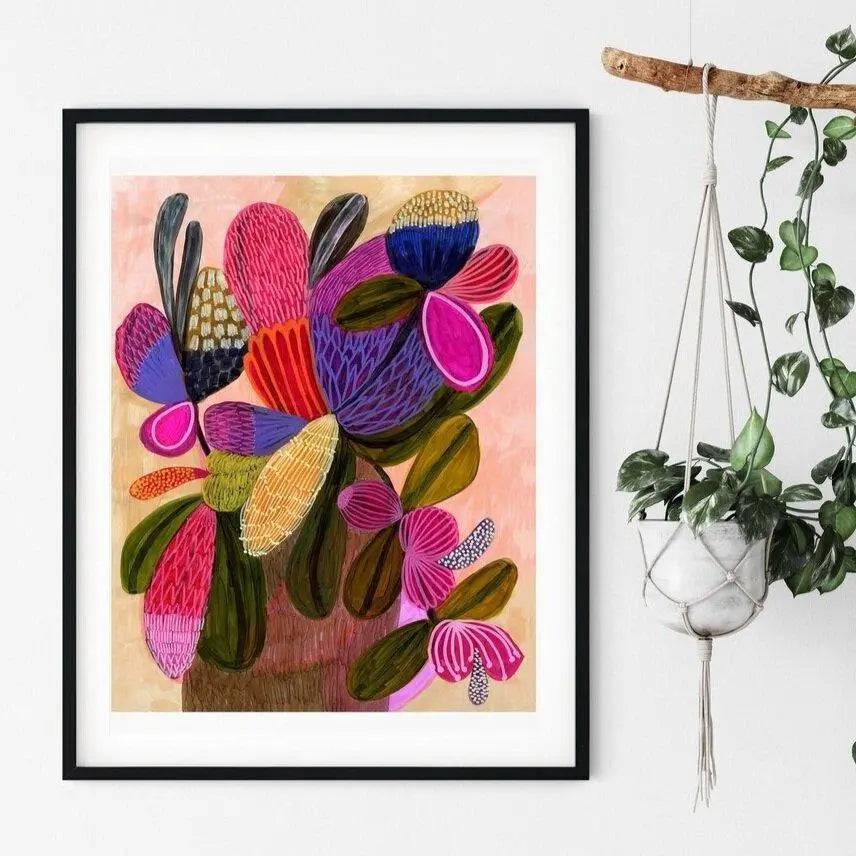 Wild Bunch Modern Still Life art print by Kirsten Katz — abstract native banksias and proteas on warm peach