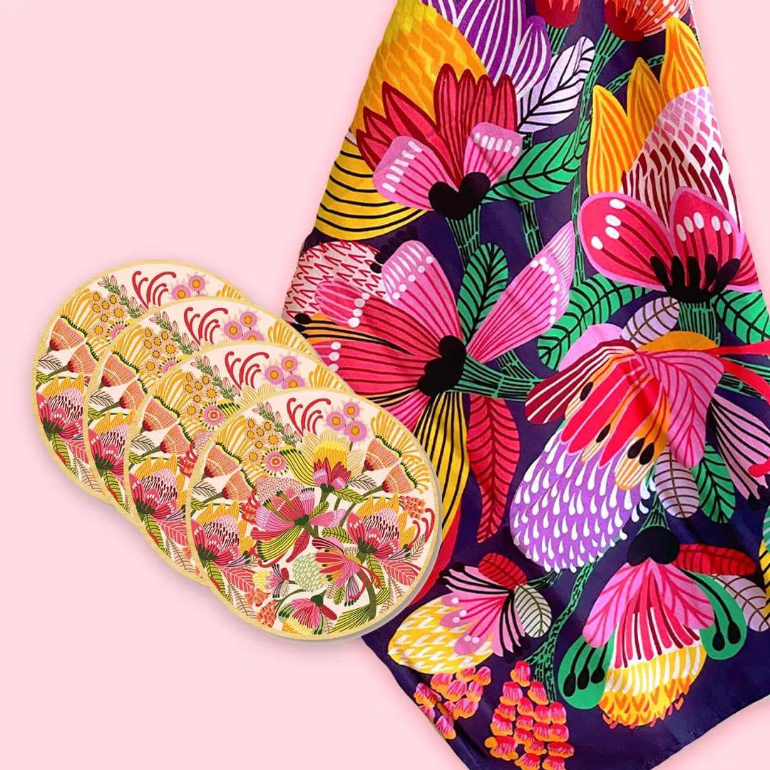 Wild Proteas Tea Towel & Coaster Set - Kirsten Katz