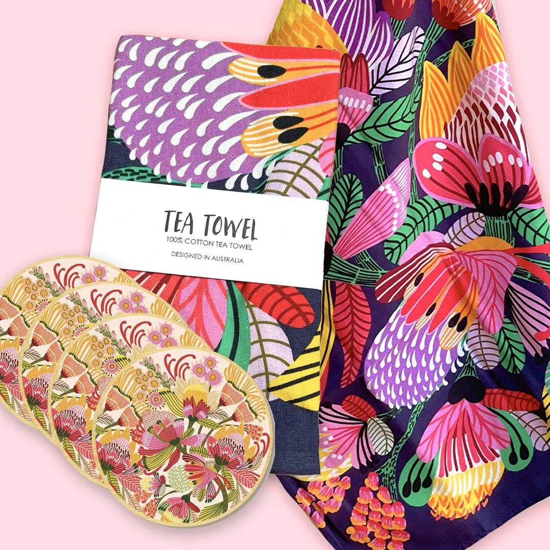 Wild Proteas Tea Towel & Coaster Set - Kirsten Katz